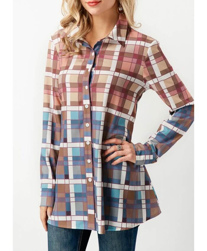 Button Up Plaid Print Asymmetric Hem Blouse
